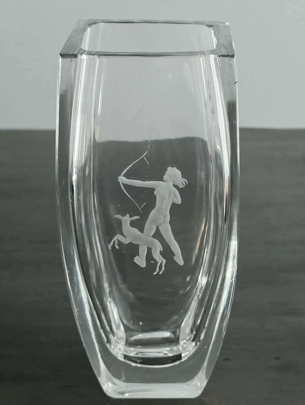 Vintage Kosta Boda Engraved "Diana the Huntress" Crystal Vase c.1950s Collectors